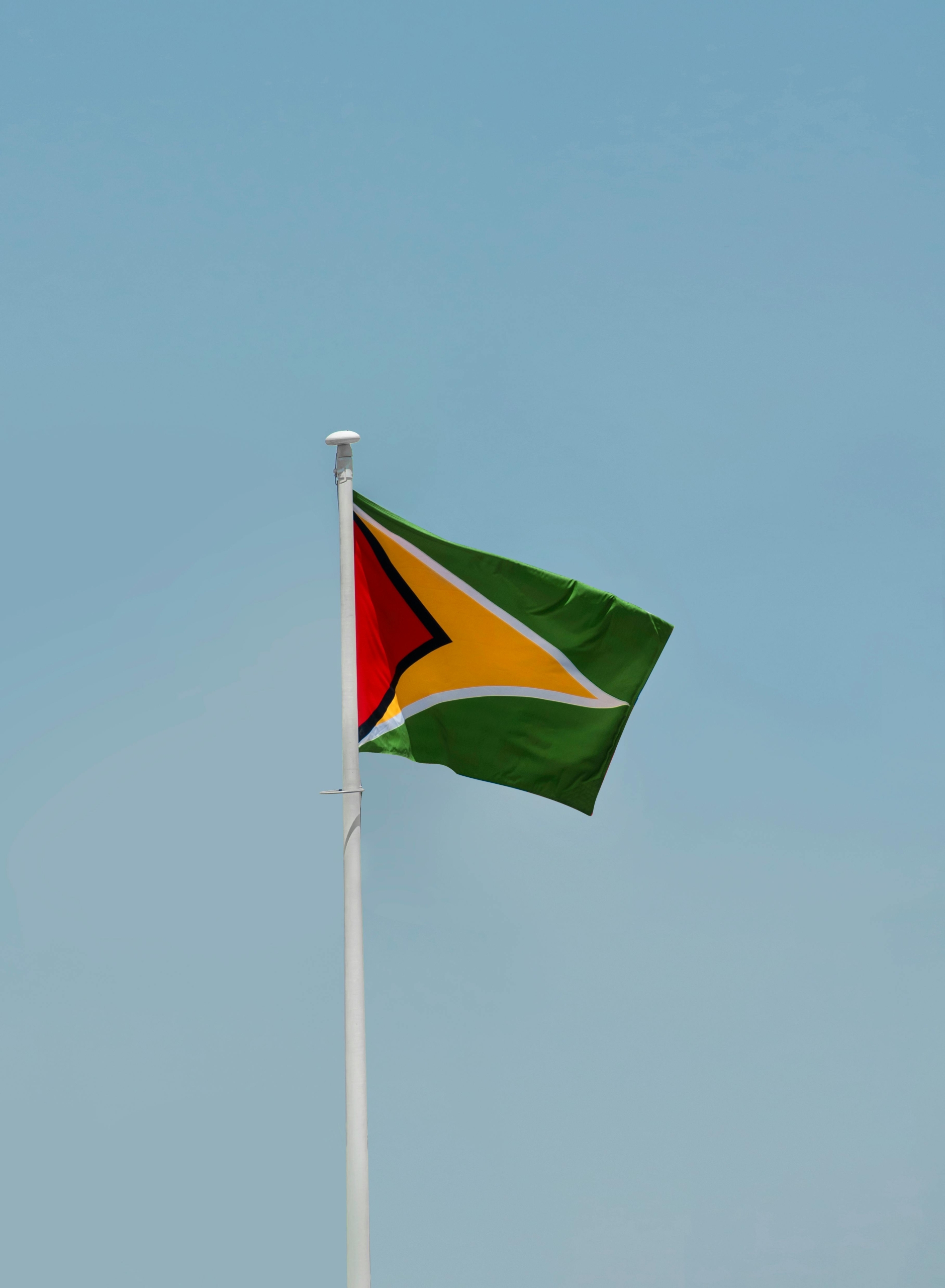 pexels-aboodi-13913319 Guyana flag on pole against blue sky background; Guyana Part Two