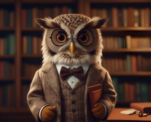 ai-generated-8699253_1280 image of an owl wearing a suit in a library; wise owl