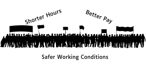 Shorter Hours black silhouettes of people against white background, words - Shorter Hours, Better Pay, Safer Working Conditions - Labor Day