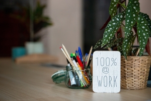 desk-5484582_1280 desktop with plant and sign saying 100%; Soft Skills Matter: Work Ethic
