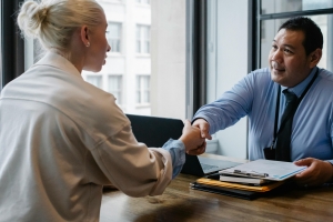 pexels-sora-shimazaki-5668859 man and woman shaking hands across a desk; Beyond Expectations