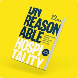 book photo beyond expectations book cover for Unreasonable Hospitality by Will Guidara on a yellow background