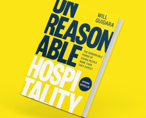 book photo beyond expectations book cover for Unreasonable Hospitality by Will Guidara on a yellow background