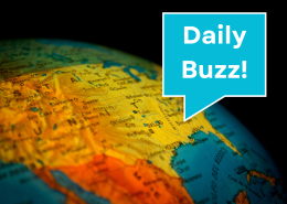 Daily Buzz! close up of United States on a colorful globe with a speech bubble to the top right and the words Daily Buzz!