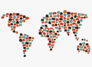 World map made of speech bubbles. Translating, interpreter, communication concept map of world made up of speech bubbles against a white background; International Buzz! international fuel pricing; words matter