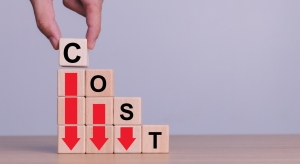 Cost reduction concept. Optimize manufacturing management. Optimization, Strategy, Economic cost savings. Hand puts wooden cube with words cost and green down arrows. cost icon on virtual screen. blocks stacked in descending order like stair steps; the words cost descending stairs on the blocks with red arrows pointing down; Hedging 301 - Financial options - how they are used