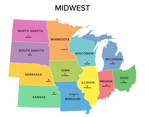 Midwest, U.S. census region, multi colored political map map of the Midwest of the US; states filled in with bright colors; current events - April 2025