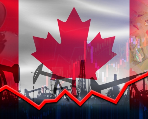 Oil production with Canada flag, petrol industry. Oil pumps with Canada flag on economic graph oil wells in front of Canadian flag with a red stock market arrow going up and down in front of the oil wells; current events - march 2025