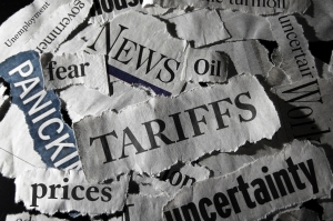 Tariff news headlines newsprint collage with "tariffs" in the middle, "news" above and "uncertainty" below right; global supply shifts
