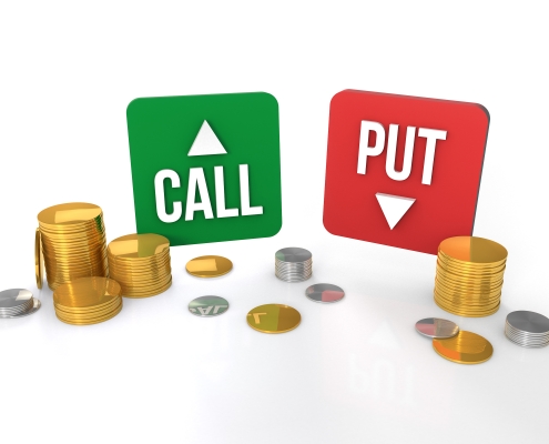 Call and put option trading signs green sign reading "call" and red sign reading "put" on a white background with stacks of coins surrounding them, Hedging 301 - options - another way to use them