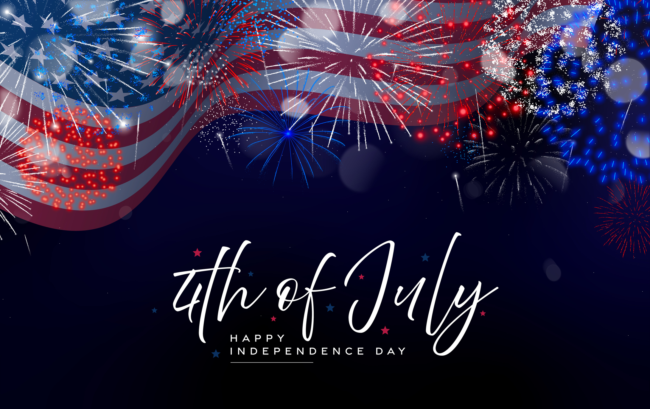 4th of July with fireworks and flag. USA Independence Day American flag with fireworks in background; 4th of July, Happy Independence Day