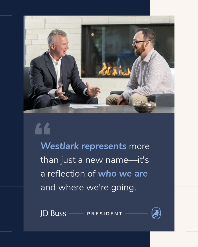 Post 02 - Slide 02 (1) Professional photo of JD and client with quote, pulled out, on dark blue background; Why Rebrand