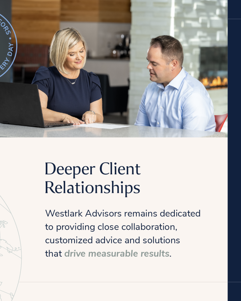 Post 02 - Slide 04 Professional photo of Tina with client - title - Deeper Client Relationships and text on white with dark blue background; Why Rebrand
