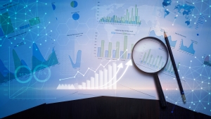 Magnifying glass and documents with analytics data lying on table , and digital virtual reality graph charts and digital data, transparent with blue overlay with magnifying glass to the right; price protection MPGA convention; international market highlight