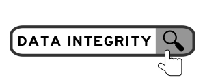 Search banner in word data integrity with hand over magnifier icon on white background search box with "data integrity" written in it; data integrity EIA