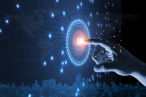 Artificial intelligence, AI circuit board, Business Analytics, Hand touching data with artificial intelligence on a virtual screen, hand finger touching data analysis, innovation and futuristic. finger touching transparent screen with "AI" written in center of circle; AI is the future of LPG; Japan LPG WLGA