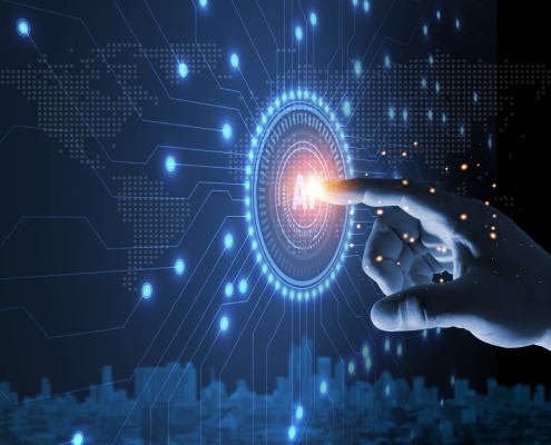 Artificial intelligence, AI circuit board, Business Analytics, Hand touching data with artificial intelligence on a virtual screen, hand finger touching data analysis, innovation and futuristic. finger touching transparent screen with "AI" written in center of circle; AI is the future of LPG; Japan LPG WLGA
