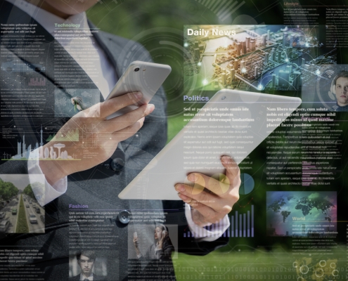 smart phone news application concept person holding tablet and smartphone while the rest of the space is overlaid with transparent news articles; Westlark Advisors in BPN; Iran War impact energy prices