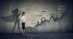 Businesswoman imagining to be a super hero looking aspired making career plans woman standing in front of chart saying "start", "crisis" and "finish"; 7 principles fierce conversations
