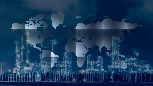 Oil And Gas Petroleum Refinery Industry With World Wide Map For Global Business Distribution And Logistic Presentation Background. background of oil/gas refinery overlaid with transparent map of world, international market highlight; year in review 2025