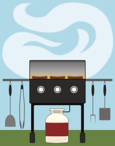 Backyard Barbecue cartoon illustration of grill with propane tank; global integration