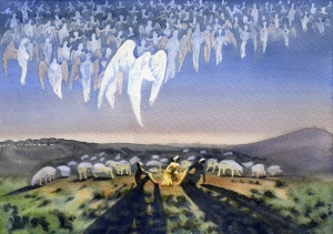 Heavenly host. The appearance of the angel to the shepherds many angels singing to shepherds announcing Jesus' birth; peace and joy Christmas