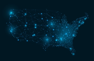 USA grid wireframe map. Connected network of states of America capitals, American internet communications and futuristic digital map vector illustration map of USA on dark blue background with lights; energy market highlight