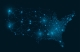 USA grid wireframe map. Connected network of states of America capitals, American internet communications and futuristic digital map vector illustration map of USA on dark blue background with lights; energy market highlight