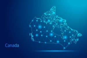 Canada map - concept of communication technology, graphic of low poly. map of Canada on blue background with lights; international market highlight