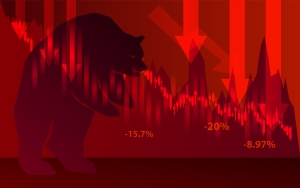 Bear and stock chart on black background, business finance and investment, bear market image of stock market on red background with bear and down arrows; 2026 current market