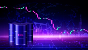 Chart of falling oil prices per barrel. Crude oil barrels on dark background. Analysis fall of global energy markets. Influence of economic insiders. World market review. Investment strategies. Vector oil barrels in front of background with financial, market symbols and oil field symbols - showing downward trend; Iran sanctions, Venezuela regime change; 2026 what to expect energy; shifting global oil flow
