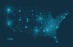 USA map of USA on dark blue background with lights and word "USA" in left corner; world energy highlight