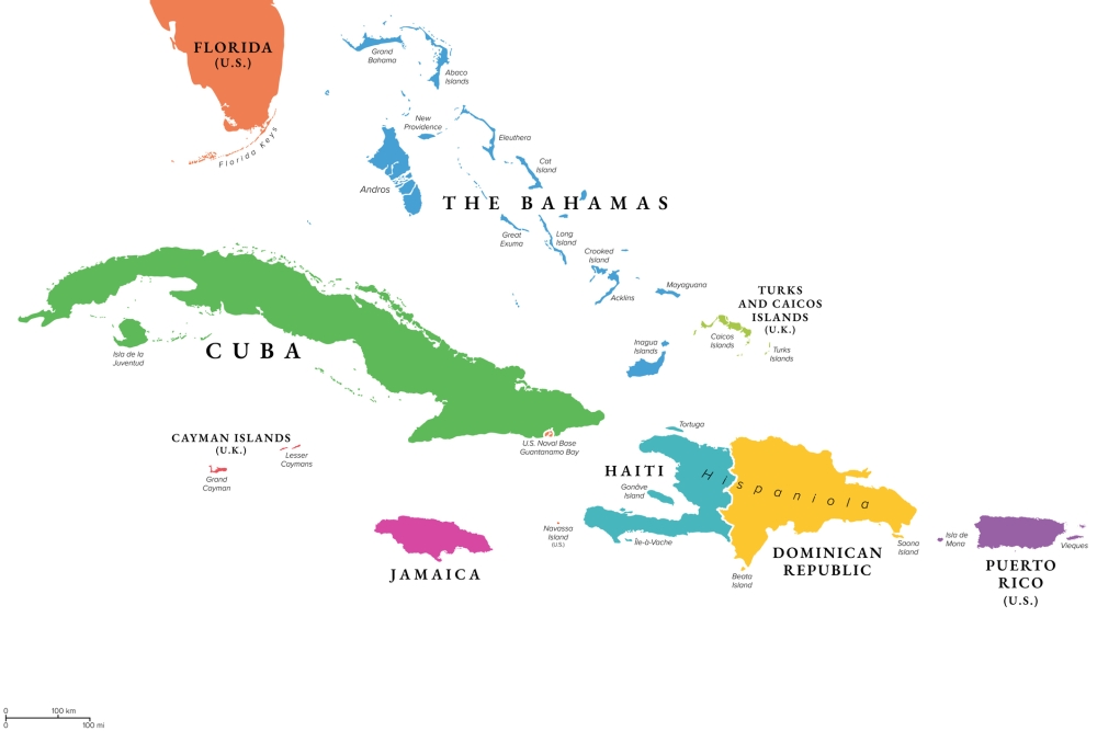 Greater Antilles, the larger Caribbean islands, multicolored political map atlas style map of Cuba; energy market highlight