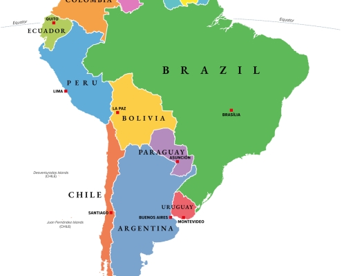 South America, multi colored political map with borders and capitals atlas style map of South America - featuring Brazil, Colombia, Ecuador; energy market highlight; continued Middle East disruption
