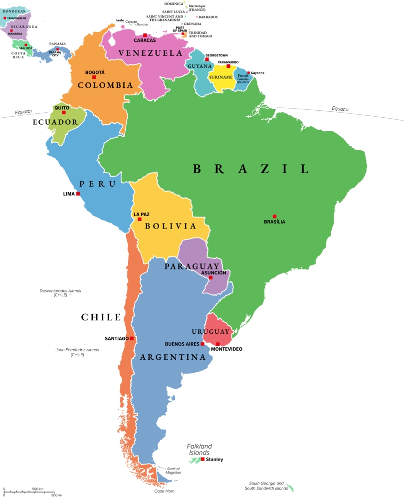 atlas style map of South America - featuring Brazil, Colombia, Ecuador; energy market highlight; continued Middle East disruption