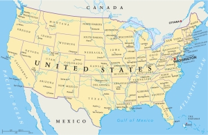 United States of America Political Map map of USA; international market highlight