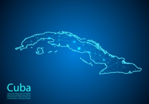 Abstract mash line and point scales on dark background with map of cuba. Best Internet Concept of cuba business from concepts series. Wire frame 3D mesh polygonal network line and dots. outline map of Cuba with lights on blue background; energy market volatility