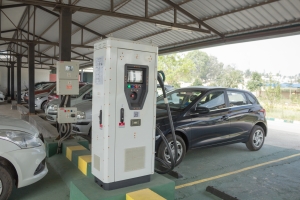 An Electric Vehicle Charging station set up by the Karnataka government at its premises at Mysuru,India. autos at electric charging station in India; India Fuel Revolution autos