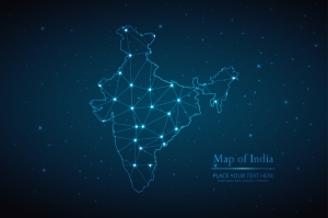 Abstract map of India geometric mesh polygonal network line outline map of India with lights on blue background; energy market volatility