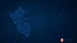 Peru Map modern design with polygonal shapes on dark blue background. Business wireframe mesh spheres from flying debris map of Peru with lights