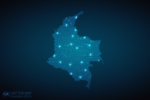Colombia Map radial dotted pattern in futuristic style, design blue circle glowing outline made of stars. concept of communication on dark blue background map of Colombia with lighs