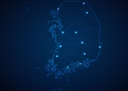 Abstract wireframe mesh polygonal map of South Korea with lights in the form of cities on dark blue background. Vector illustration EPS10 map outline of South Korea on blue background with lights; world energy highlight