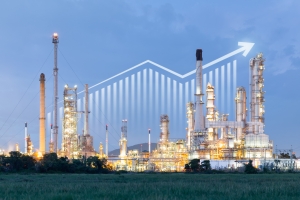 Oil gas refinery or petrochemical plant with business concept. photo of oil refinery with transparent graph in background going up with up arrow; Japan LPG WLGA