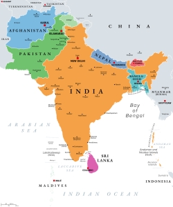 South Asia, or also Southern Asia, multi colored political map map of India; LPG market highlights; continued Middle East disruption