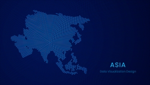 Asia dotted digital map for data visualization design map outline of Asia, with lights on blue background, world energy highlight; energy market volatility