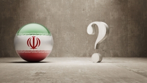 Question Mark Concept shpere with Iranian flag and question mark against gray background; Iran conflict surging oil prices