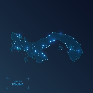Panama map with cities. Luminous dots - neon lights on dark background. Vector illustration. map of Panama on blue background with lights