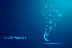 South America map - concept of communication technology, graphic of low poly. map of South America with lights; oil gas LPG volatility