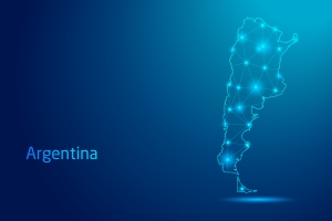Argentina map - concept of communication technology, graphic of low poly. map of Argentina with lights on blue background