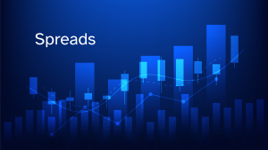 Spreads financial stock graph on blue background with "spreads" in white; hedging financial spreads